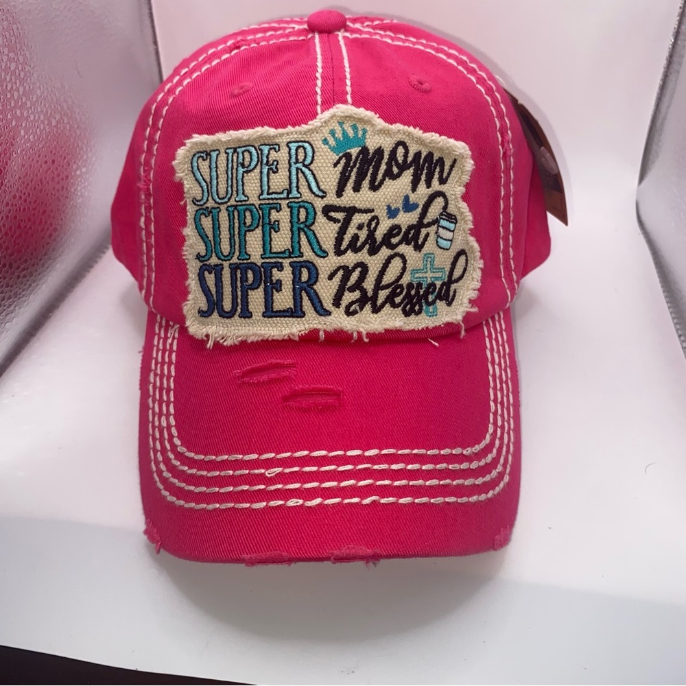 Kbethos Distressed Hot Pink Embroidered Super Mom Super Tired Super Blessed Cap